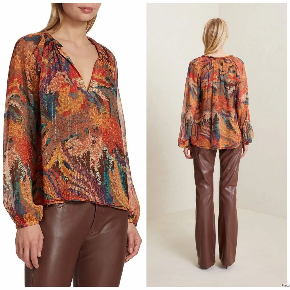 A.L.C. Top Women’s Multicolor Print Blouse Long Sleeve V-Neck $395 Size 6 - Picture 2 of 9